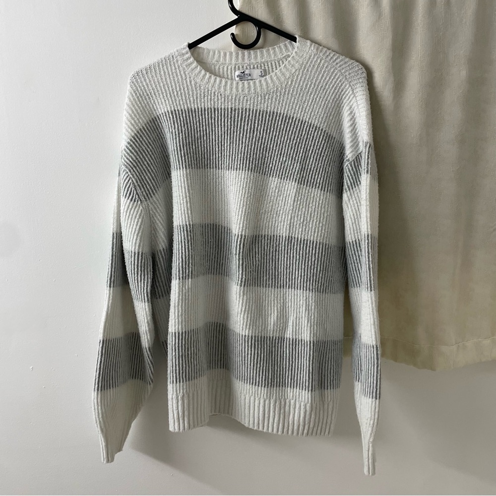 Hollister Grey and White Striped Oversized Crew